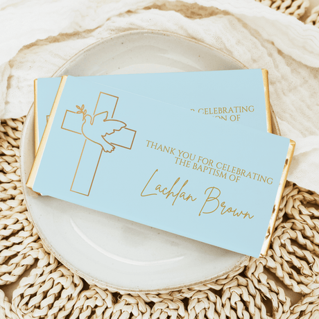 Blue baptism chocolate bar wrapper with gold cross and dove, thank-you message