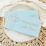 Confirmation chocolate bar wrapper with gold cross and dove, blue design, thank you text