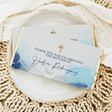Baptism thank-you chocolate bar wrapper, blue marble with gold cross icons and names