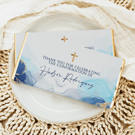 Custom confirmation chocolate bar with blue marble thank-you card design and gold cross icons