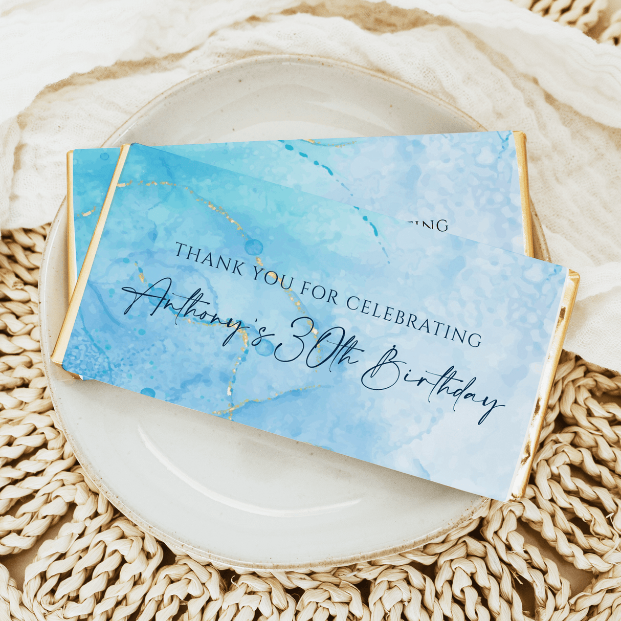 Blue watercolor birthday chocolate bar wrapper with “Thank you for celebrating 3rd birthday”