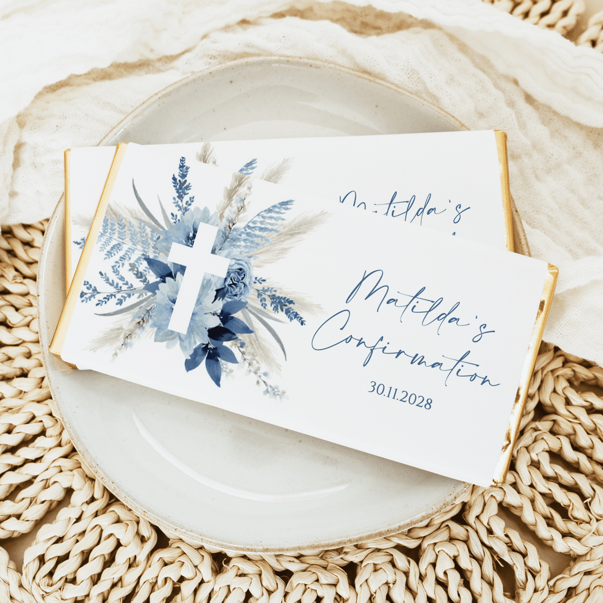Blue boho cross confirmation card with floral accents and handwritten names