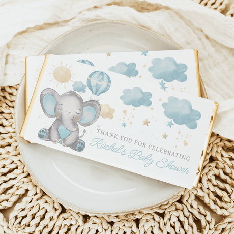 Personalised baby shower chocolate bars with blue elephant clouds wrapper, Rachel's name