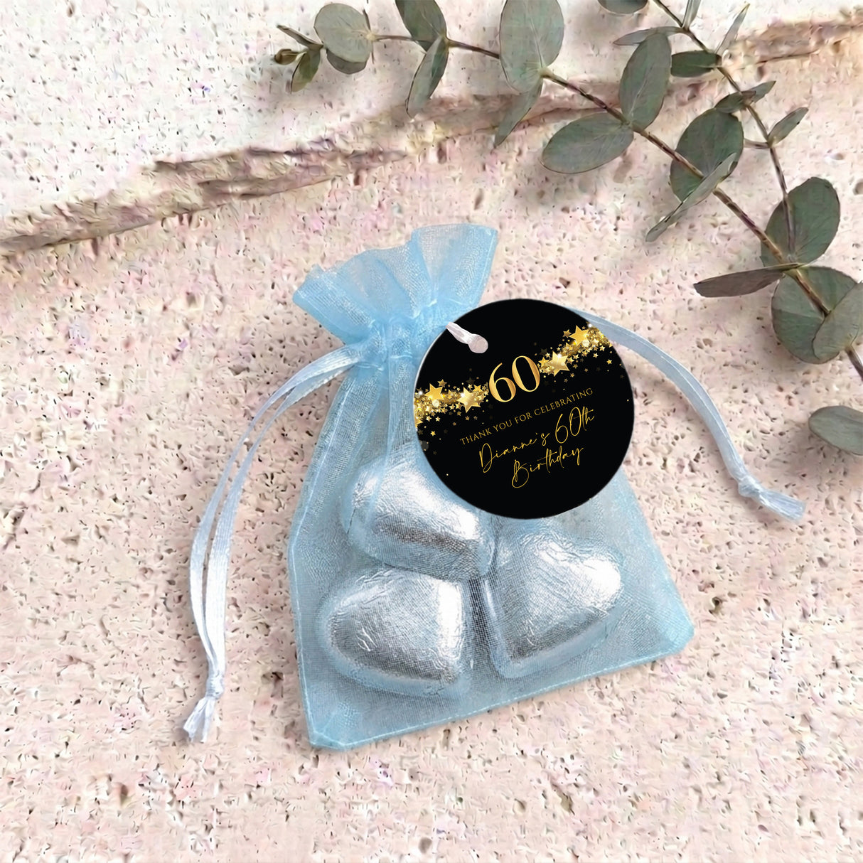 60Th Birthday Black Gold Stars Personalised Organza Bags with Chocolate Hearts