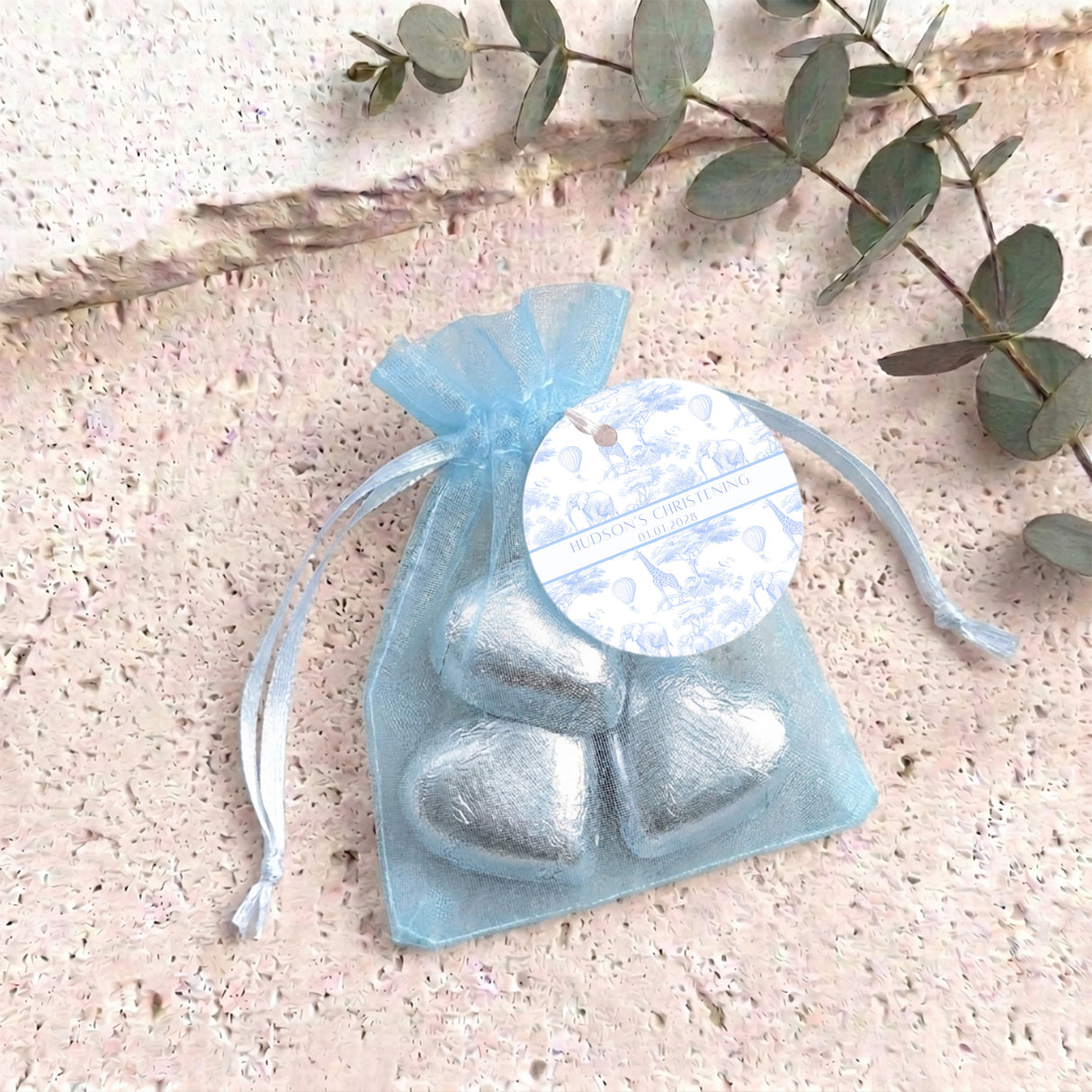 Blue Safari Toile Christening Personalised Organza Bags with Chocolate Hearts