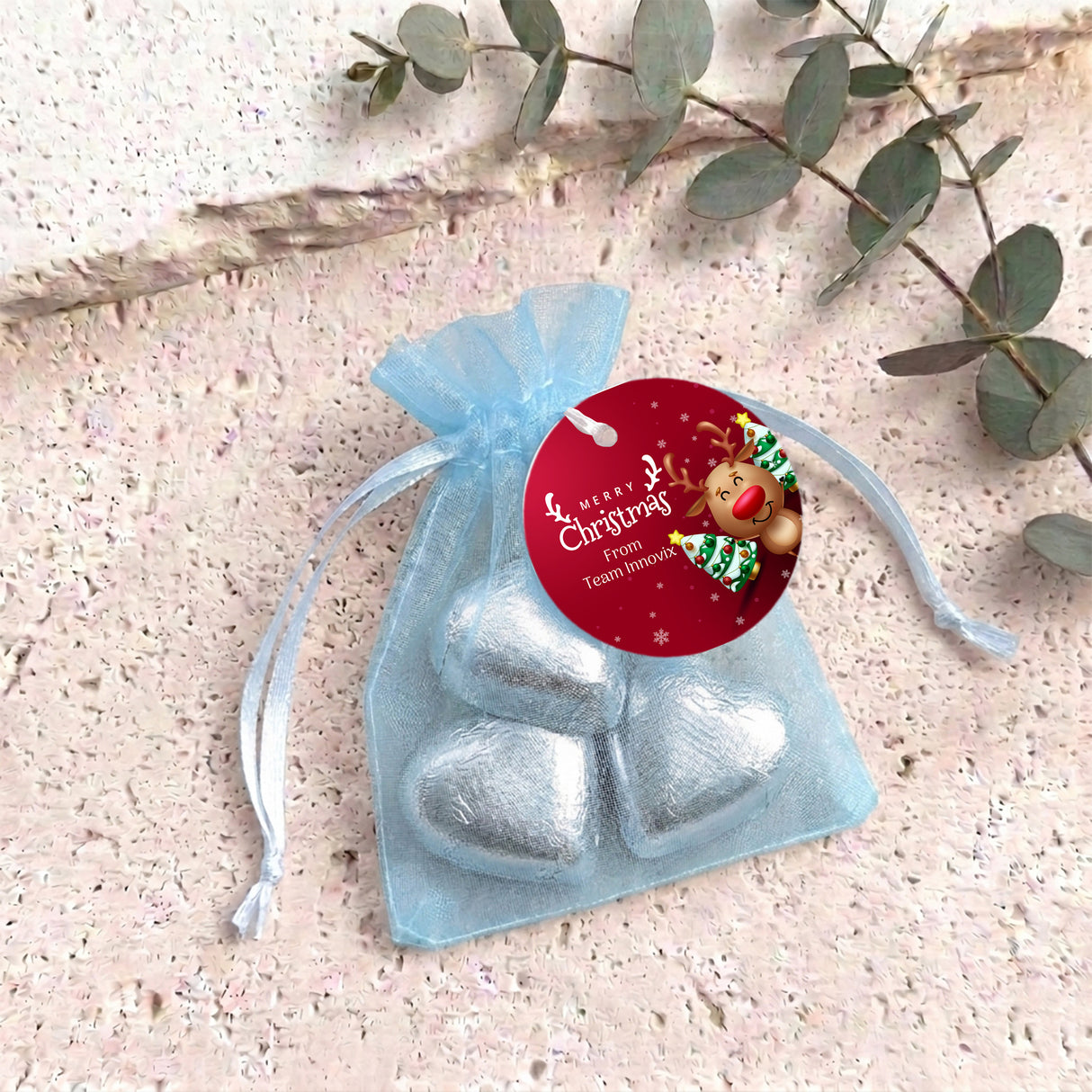 Happy Reindeer Personalised Organza Bags with Chocolate Hearts