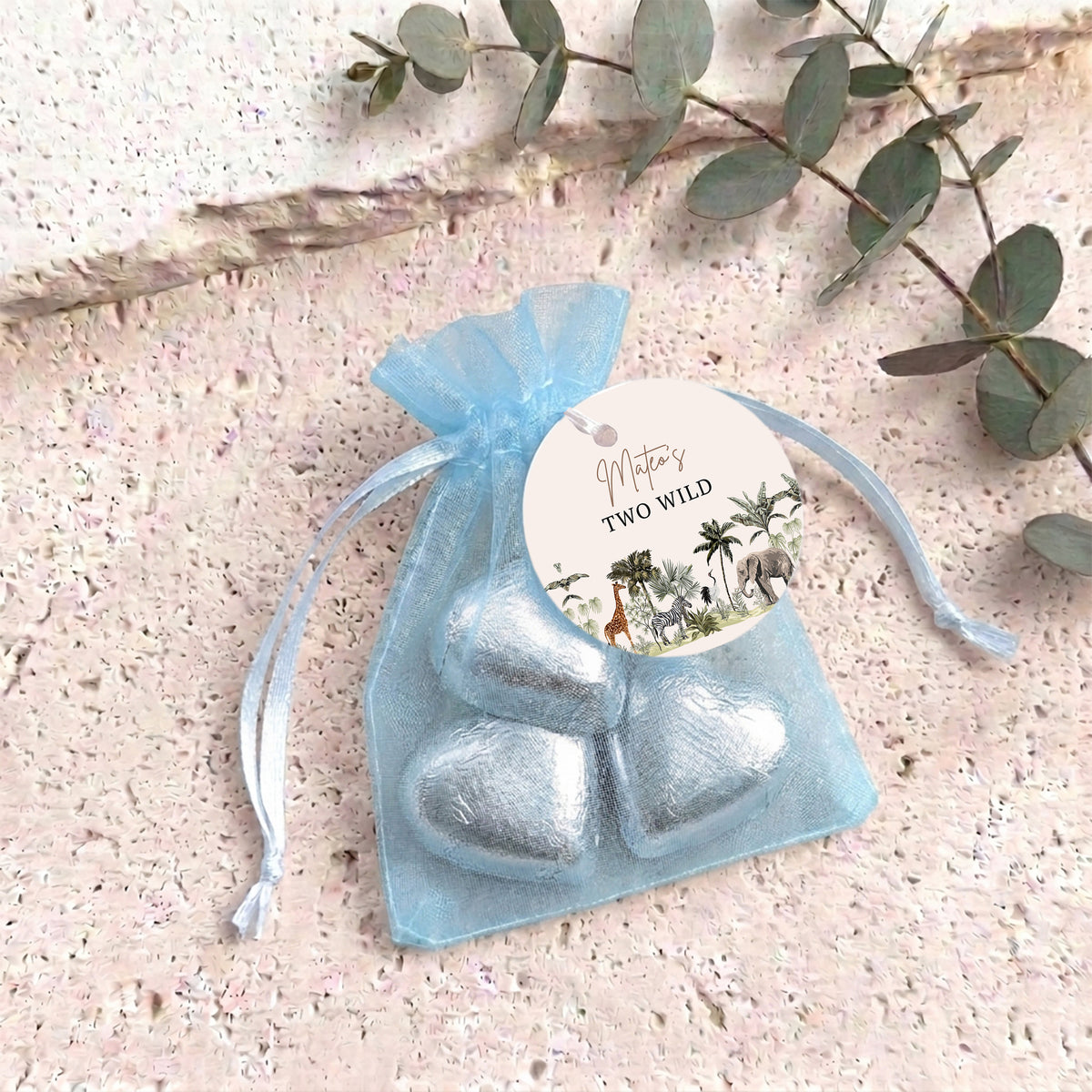 Jungle Safari Two Wild Personalised Organza Bags with Chocolate Hearts