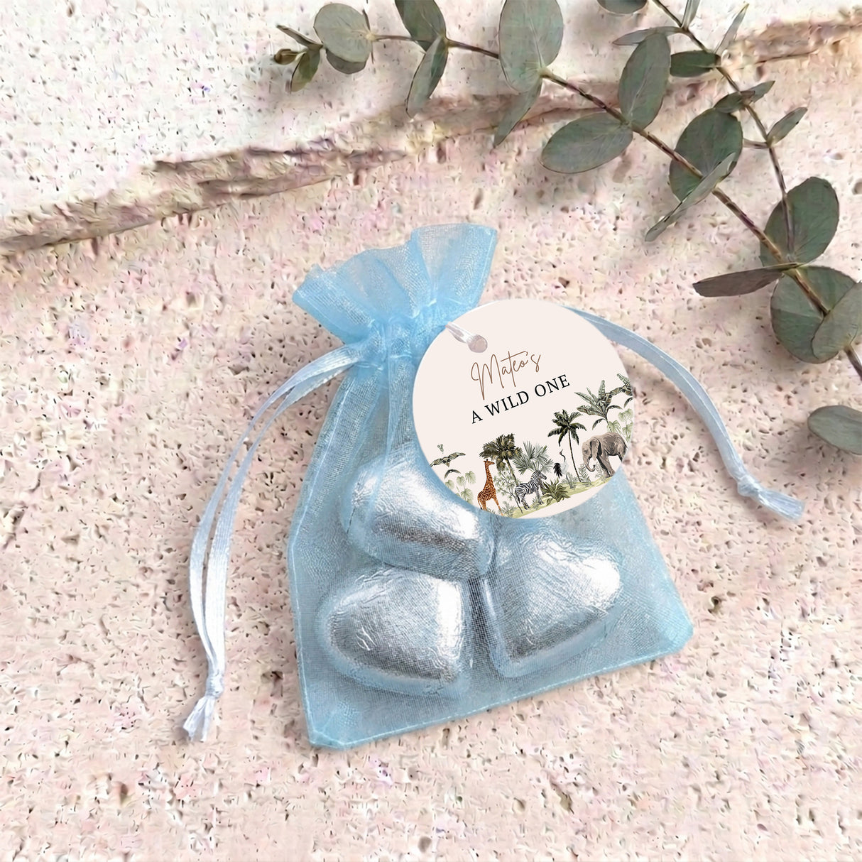 Jungle Safari Wild One Personalised Organza Bags with Chocolate Hearts