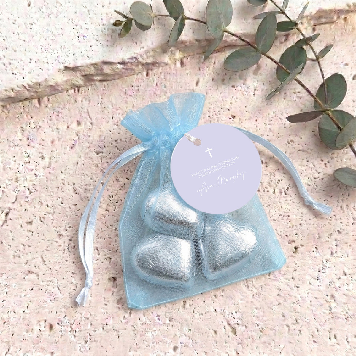 Lilac White Cross Confirmation Personalised Organza Bags with Chocolate Hearts