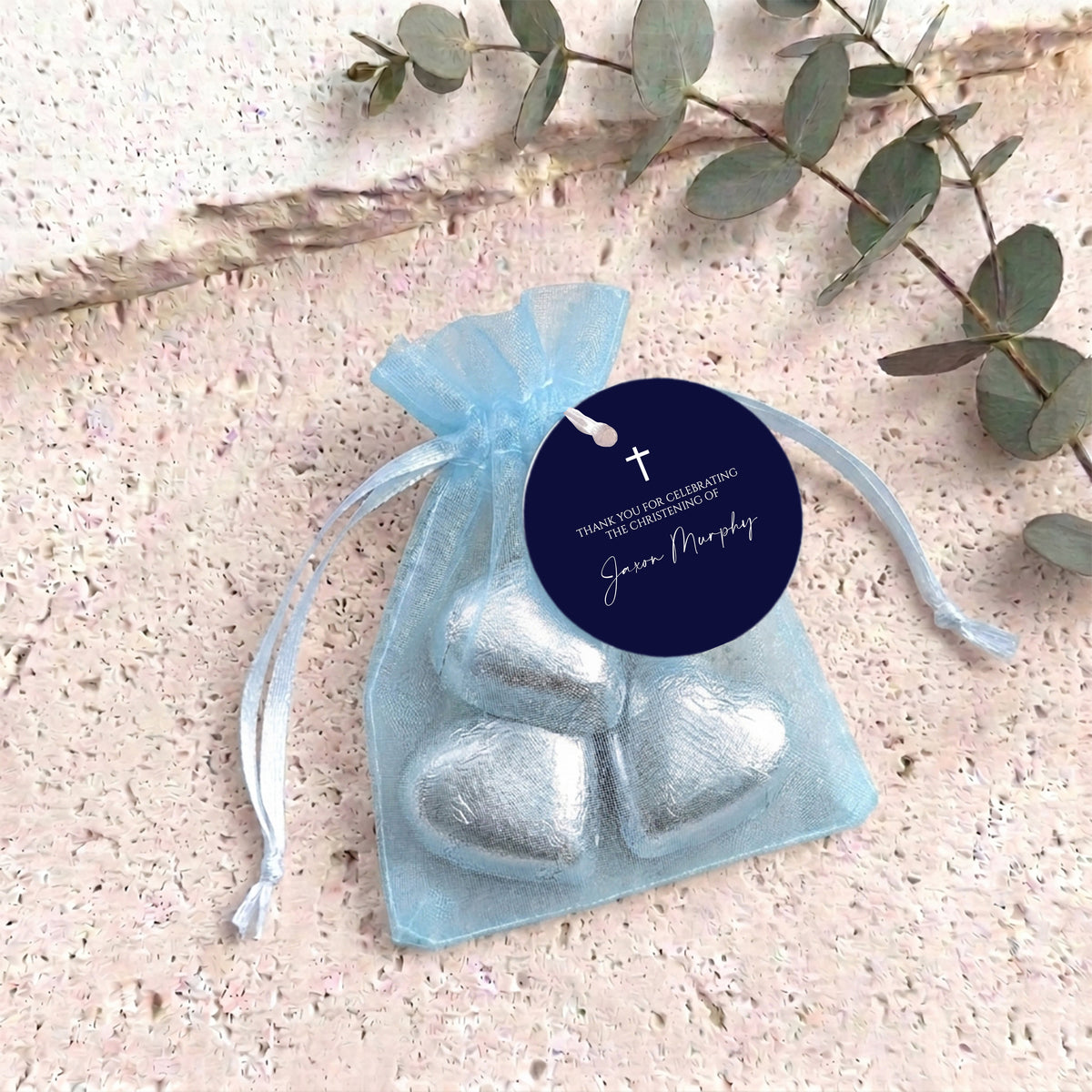 Navy Blue White Cross Christening Personalised Organza Bags with Chocolate Hearts