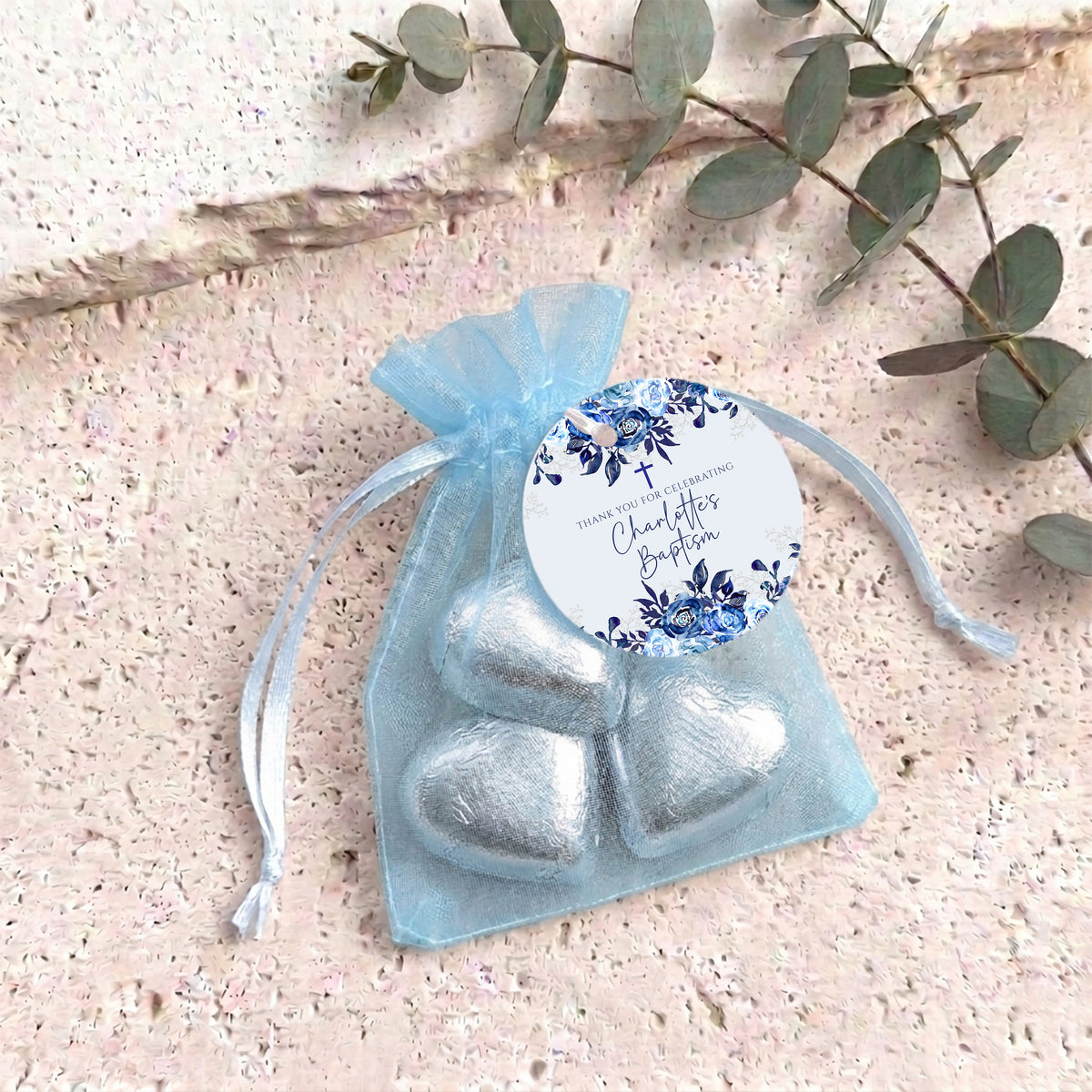 Navy Floral Waterfall Christening Personalised Organza Bags with Chocolate Hearts