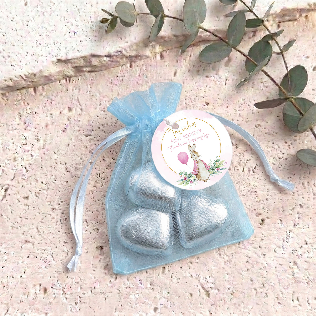 Peter Rabbit Pink First Birthday Personalised Organza Bags with Chocolate Hearts