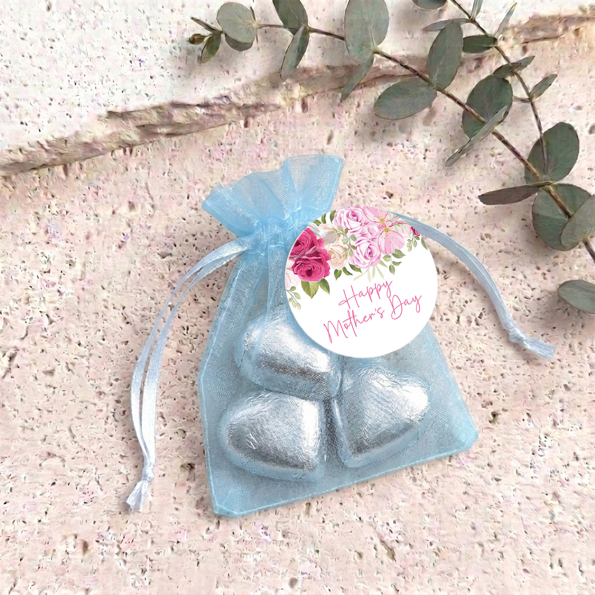 Pink Rose Waterfall Mothers Day Personalised Organza Bags with Chocolate Hearts