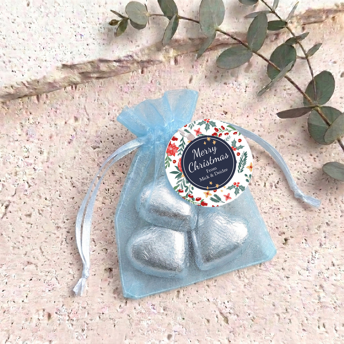 Christmas Florals Personalised Organza Bags with Chocolate Hearts