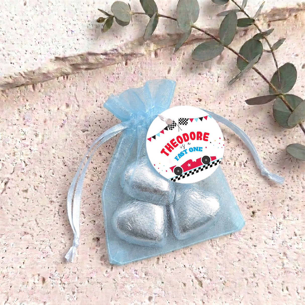 Race Car Fast One Personalised Organza Bags with Chocolate Hearts