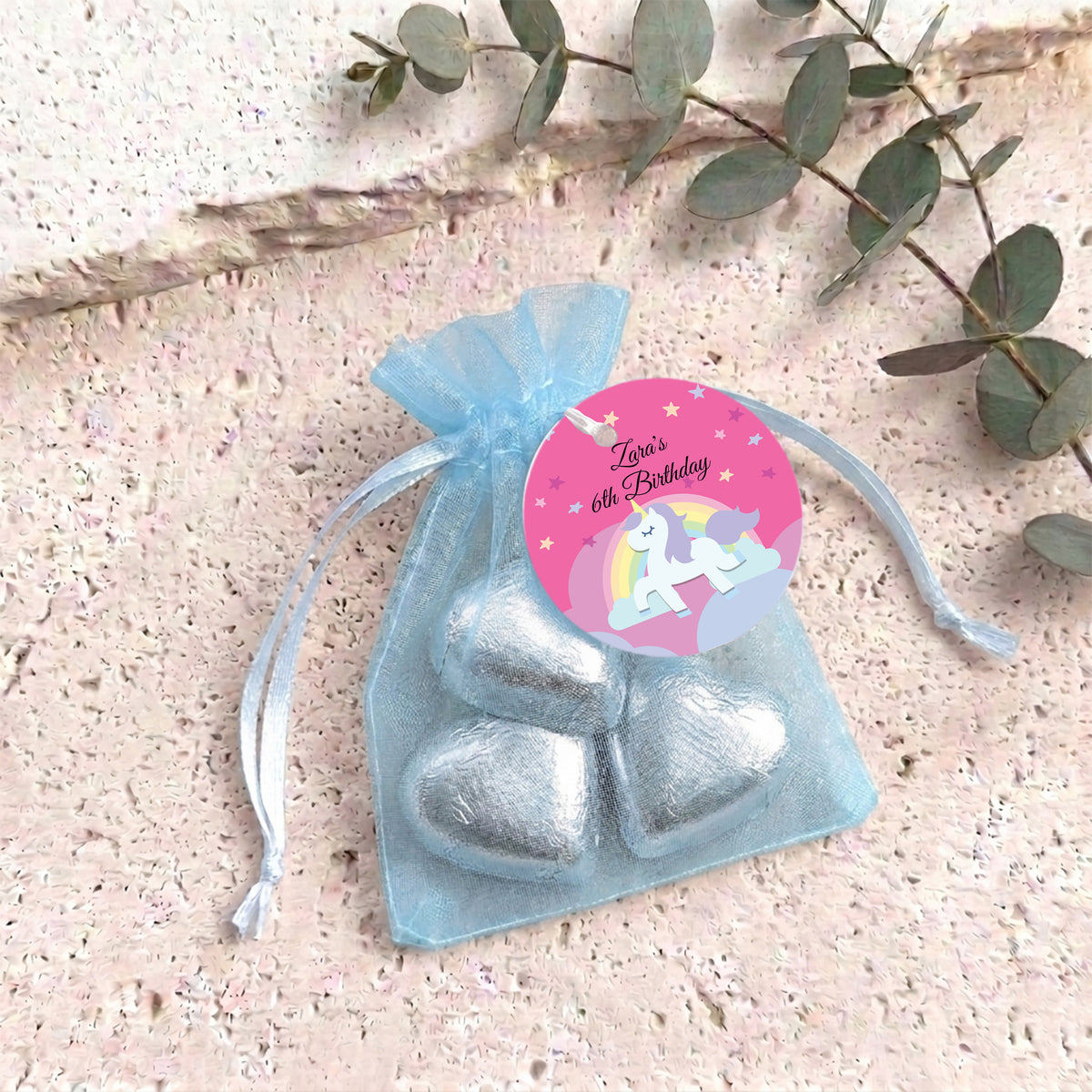 Rainbow Unicorn Girls Birthday Personalised Organza Bags with Chocolate Hearts