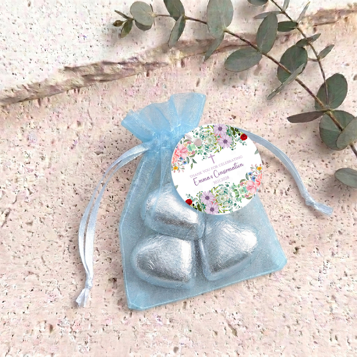 Wildflower Confirmation Personalised Organza Bags with Chocolate Hearts