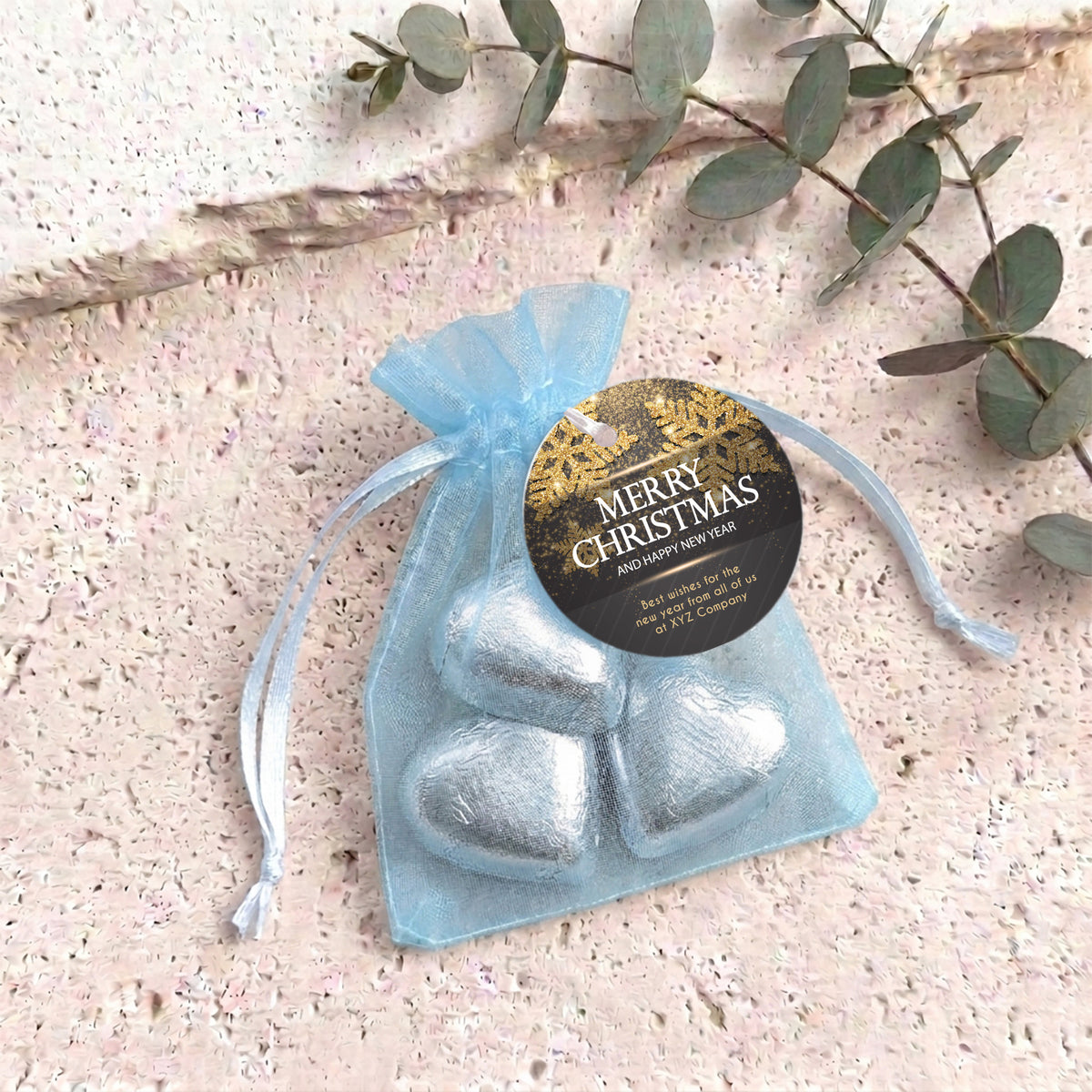 Christmas Gold Black Personalised Organza Bags with Chocolate Hearts