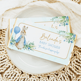 Blue Peter Rabbit baby shower chocolate bar wrapper with baby shower text and greenery