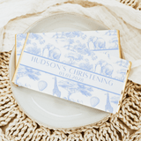 Blue safari toile christening chocolate bar labels with Hudson's Christening and 01.01.2028