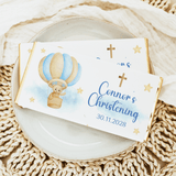 Blue teddy hot-air-balloon christening chocolate wrapper: Connor's Christening 30.11.2028