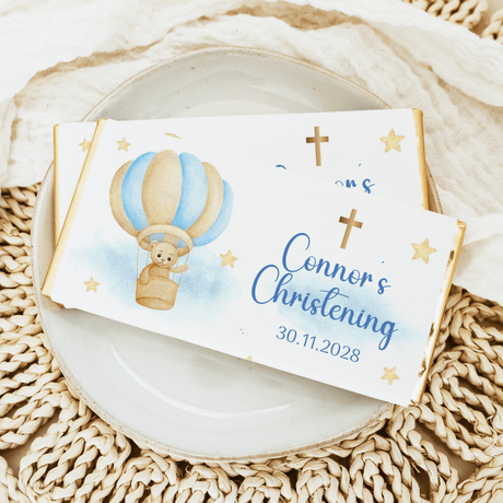Blue teddy hot-air-balloon christening chocolate wrapper: Connor's Christening 30.11.2028