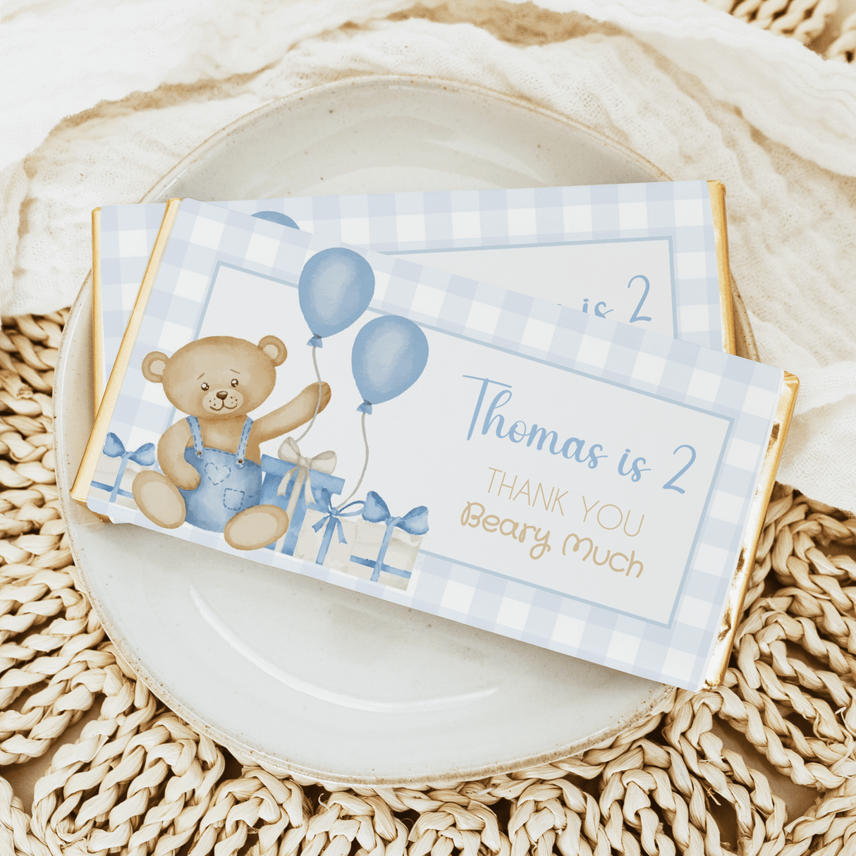 Blue teddy bear birthday chocolate bar with balloon and thank-you message