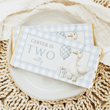 Blue birthday chocolate bar with two ducks, checkered balloons and gift box design