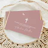 Blushed pink thank-you baptism chocolate bar wrapper with crosses and name 'Amelia Miller'