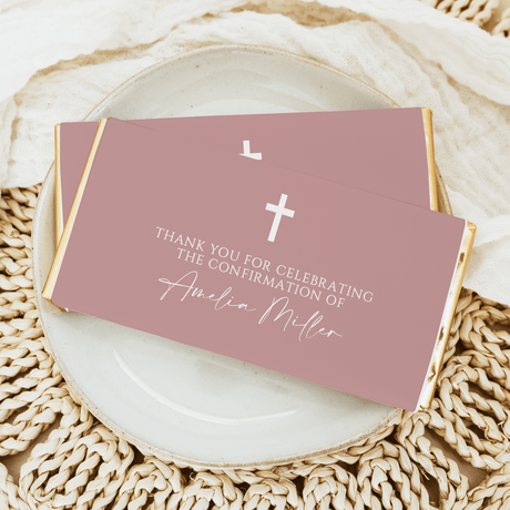 Confirmation chocolate bar wrapper, blush pink with white crosses and Thank You text