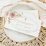 Christening chocolate bar wrapper with blush florals, gold frame, crosses, “Thank you” text