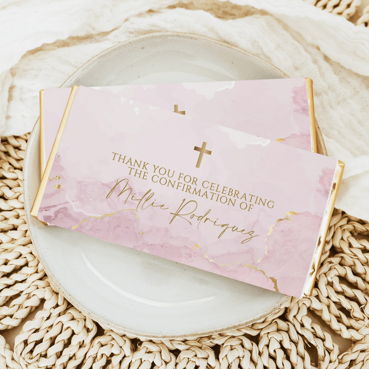 Confirmation chocolate bar with blush pink marble wrapper and gold message plus crosses