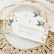 Confirmation chocolate bar card with blush flowers, green leaves, and gold cross accents