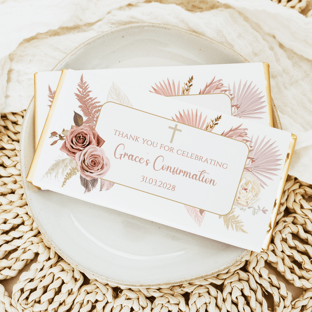 Boho confirmation chocolate bar wrapper with floral design and thank-you message