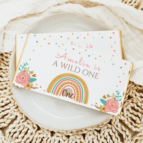 Chocolate bar packaging card: “Amelia is a Wild One” with rainbow and flowers, One