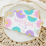 Bright daisies birthday chocolate bar wrapper with “MATILDA 3” text