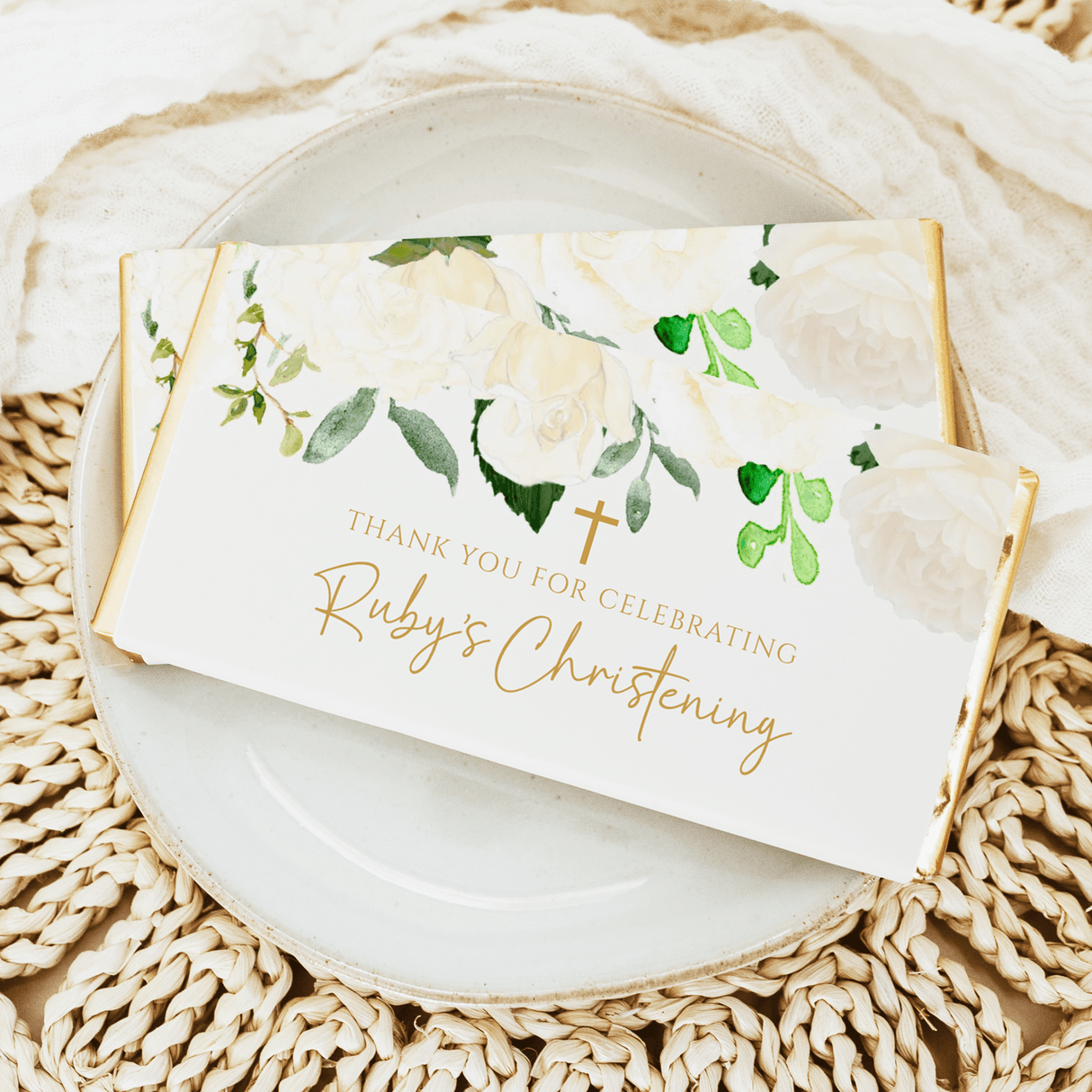 Cream rose christening chocolate bar wrappers, Thank you for celebrating Ruby's Christening