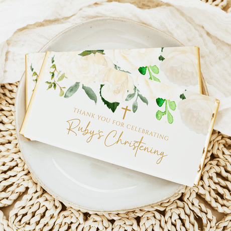 Cream rose christening chocolate bar wrappers, Thank you for celebrating Ruby's Christening