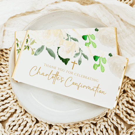 Custom first Holy Communion chocolate bar wrapper with roses, cross, and name text