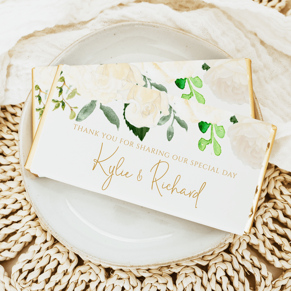 Cream rose waterfall thank-you chocolate bar wrapper with green leaves and cursive names