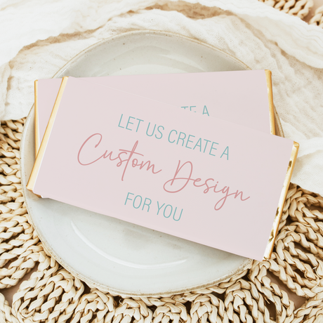 Folded printed chocolate bar wrapper with pastel “Let us create a Custom Design for you” text