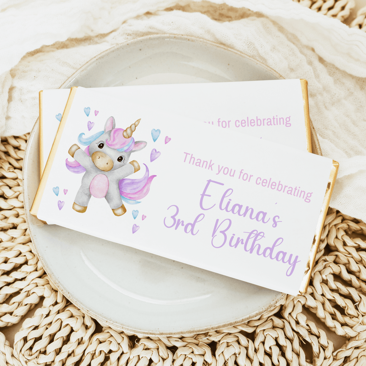 Dancing unicorn birthday chocolate bar wrapper, “Thank you,” “Eliana’s 3rd Birthday”
