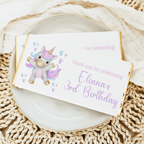 Dancing unicorn birthday chocolate bar wrapper, “Thank you,” “Eliana’s 3rd Birthday”
