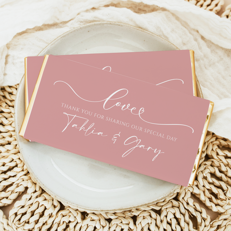 Dusty pink wedding chocolate bar wrapper with white Love script and names