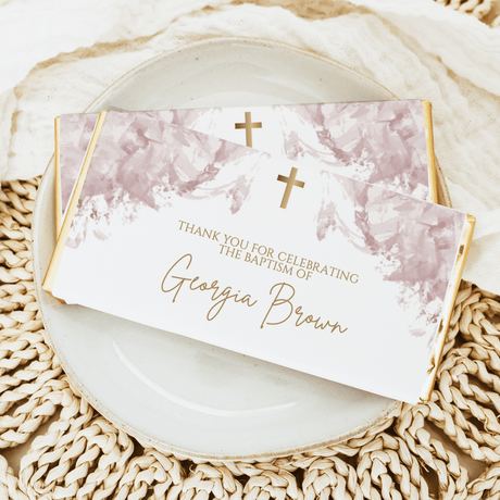 Dusty pink watercolor baptism chocolate bar wrapper with gold cross and custom name text