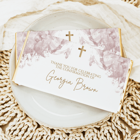 Custom confirmation chocolate bar wrapper in dusty pink watercolor with thank-you text