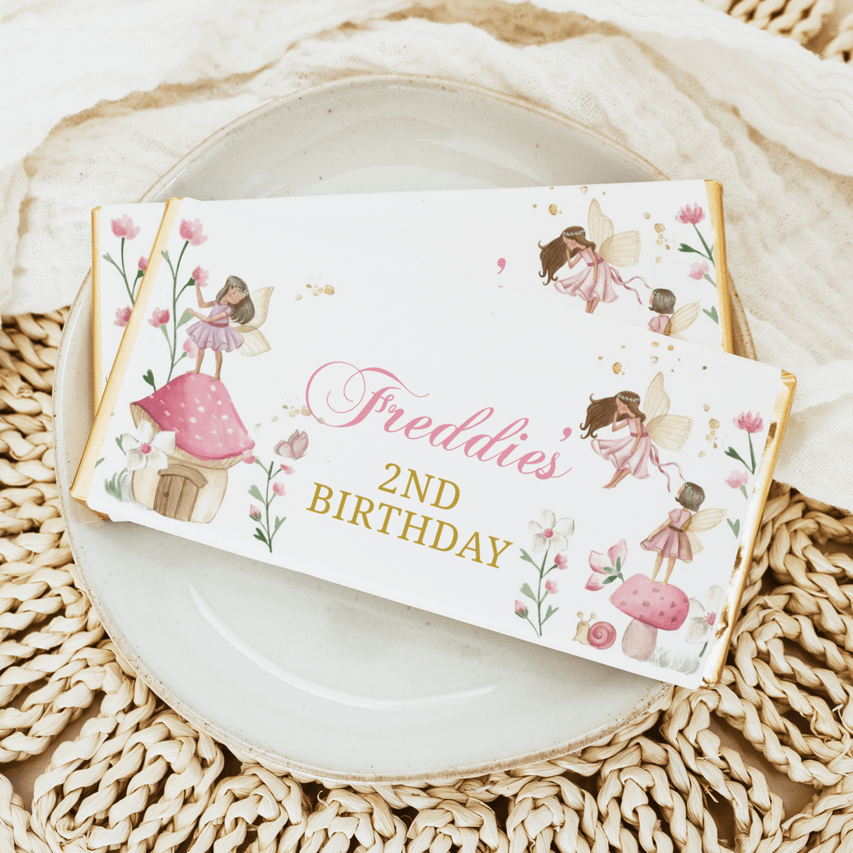 Fairy 2nd Birthday chocolate bar wrapper with pink dress and flower illustrations
