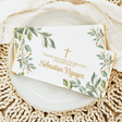 Custom baptism chocolate bar wrapper with eucalyptus leaves, gold cross, and thank-you message.