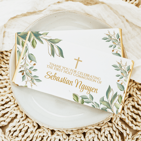 Custom confirmation chocolate bar wrapper with eucalyptus leaves and gold cross