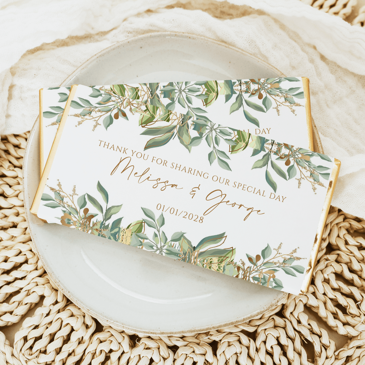 Eucalyptus border wedding chocolate bar with white leaf design and thank-you message